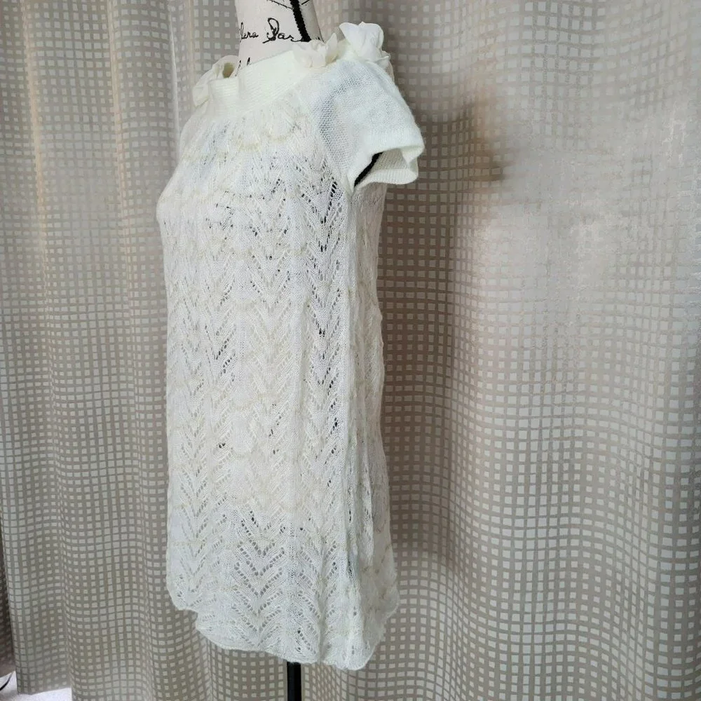 Kersh Ivory Boat Neck Crochet-ish Flared Hem Tunic Top - Size Medium
